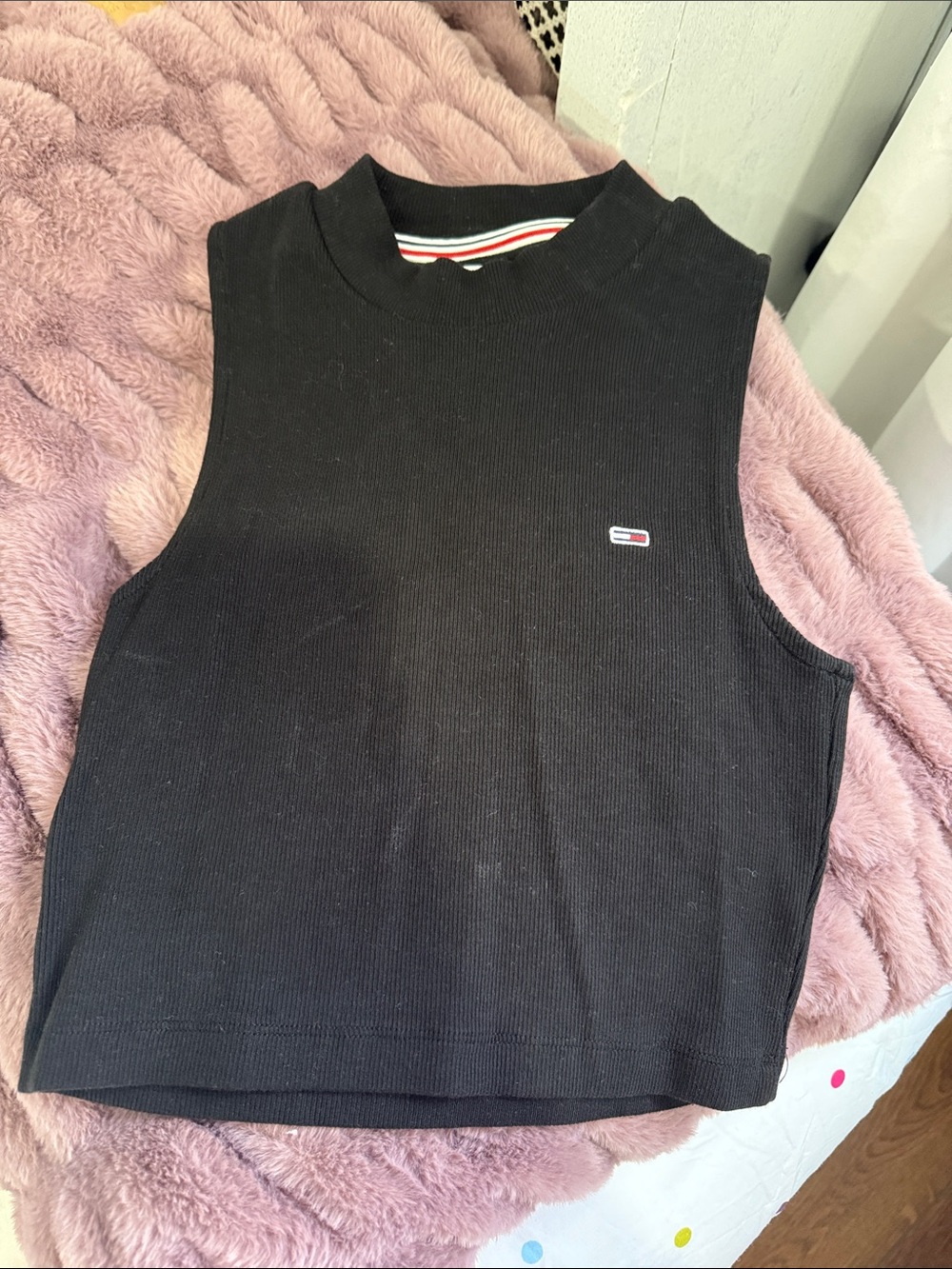 Tommy Hilfiger cropped Black Ribbed Sleeveless Tank with Flag Logo XS